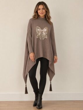 Bianco Italy brown oversized sweater S/M ribbed asymmetric tassel butterfly boho